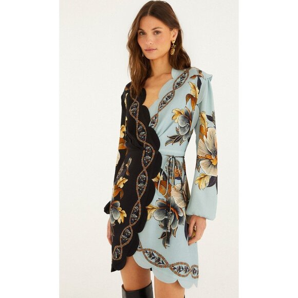 Farm Rio NWT Mixed Snake Garden Wrap Wavy Mini Dress Blue Black Size Small - Picture 1 of 10